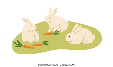 Conejos de granja. Lindos conejos en la hierba, comiendo zanahoria. Lindos animales domésticos de campo, campo rural. Fauna rural de pueblo. Ilustración vectorial gráfica plana aislada sobre fondo blanco