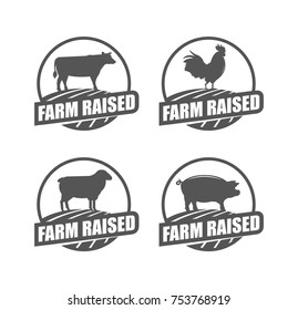 Farm raised stamps. Set of vector stamp with cow, rooster, lamb and pork. 