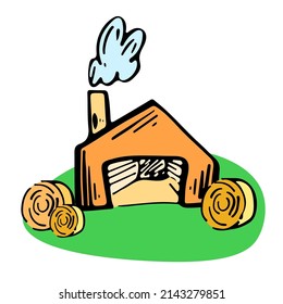 Farm ranch barn with haystacks agricultural sketch vector icon. Rural countryside, harvest scarcity concept, industry problems symbol. Hand drawn bio illustration isolated on white.