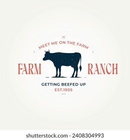 farm and ranch with cow symbol icon logo template vector illustration design. vintage retro cattle, cow, angus, dairy farm logo concept