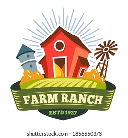 Farm ranch, farmer food products label, organic bio agriculture, vector sign. Farm market logo with barn house, wheat mill and green field, farm grown products symbol for package