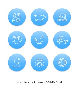 Farm, ranch line icons, harvester, hen, pig, crop, vegetables, sunflower, vector illustration
