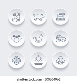 Farm, ranch line icons set, hen and eggs, pig, crop, vegetables, sunflower, harvest