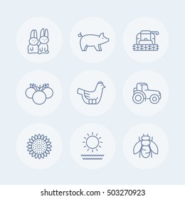 Farm, ranch line icons set, hen, pig, crop, vegetables, sunflower, harvester, agrimotor isolated pictograms