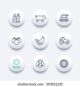 Farm, ranch line icons, tractor, harvester, hen, pig, crop, vegetables modern icons, vector illustration