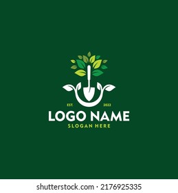 Farm And Ranch Logo Shovel Tree Leaf Spade Nature Green Logo Agriculture Vector Icon Illustration