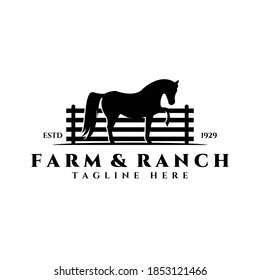 Farm And Ranch Logo Vector Illustration Design, Fence Horse Logo Vintage