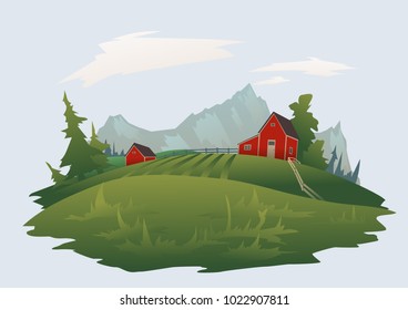 Farm or ranch in the mountain alpine landscape. House of a farmer and green meadow. Isolated vector illustration.
