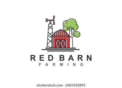 Farm red barn house logo with windmill tower and green trees