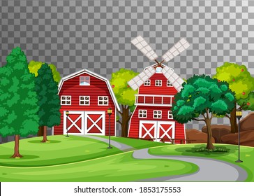 Granja con granero rojo y molino de viento en ilustración transparente de fondo