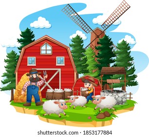 Farm with red barn and windmill on white background illustration