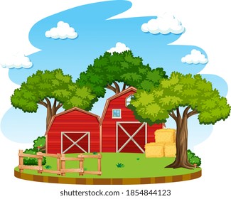 Farm with red barn and windmill on white background illustration