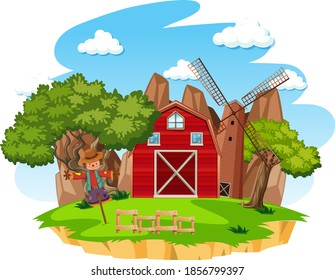 Farm with red barn and windmill on white background illustration