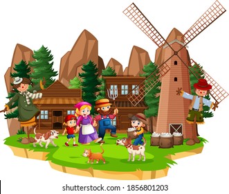 Granja con granero rojo y molino de viento en ilustración de fondo blanco