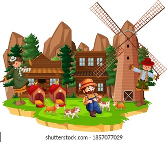 Farm with red barn and windmill on white background illustration