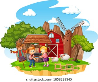 Granja con granero rojo y molino de viento en ilustración de fondo blanco