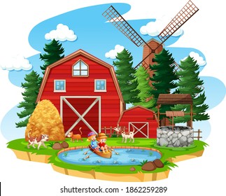 Granja con granero rojo y molino de viento en ilustración de fondo blanco