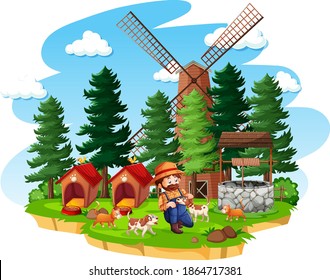 Farm with red barn and windmill on white background illustration