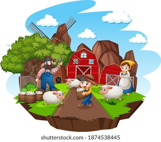 Farm with red barn and windmill on white background illustration