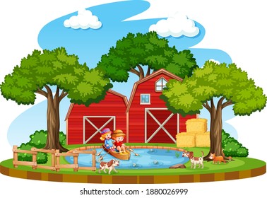 Farm with red barn and windmill on white background illustration
