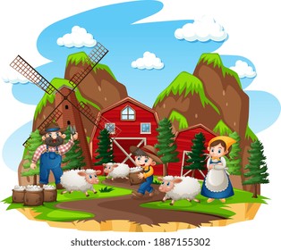 Farm with red barn and windmill on white background illustration