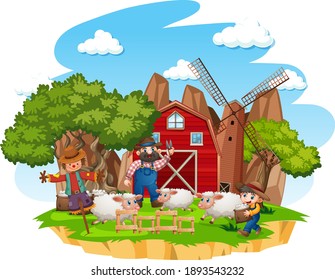 Farm with red barn and windmill on white background illustration