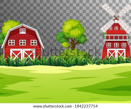 Farm with red barn and windmill on transparent background illustration