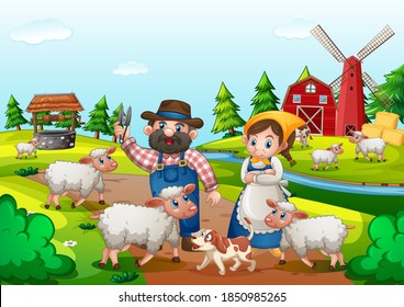 Farm with red barn and windmill scene illustration