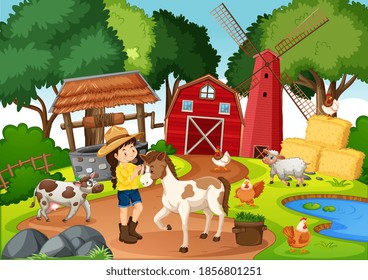 Farm with red barn and windmill scene illustration