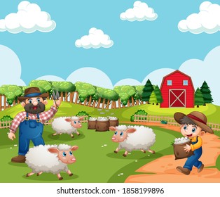 Farm with red barn and windmill scene illustration