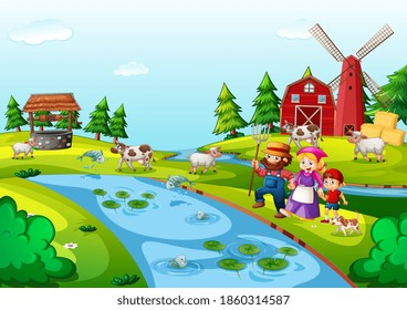 Farm with red barn and windmill scene illustration