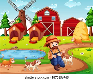 Farm with red barn and windmill scene illustration
