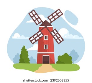Farm red building. Farming and agriculture. Rural village and scene. Windmill at green hill. Sustainable lifestyle and alternative energy. Cartoon flat vector illustration isolated on white background