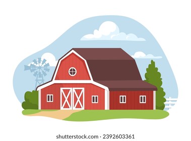 Farm red building. Farming and agriculture. Rural village and scene. Barn or home in sunny day. Graphic element for website. Cartoon flat vector illustration isolated on white background