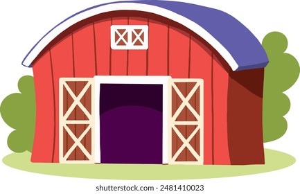 Farm red building. Farming and agriculture. Rural village and scene. Barn or home in sunny day. Sticker for social networks. Cartoon flat vector illustration isolated on white background