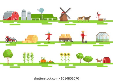 Farm Related Elements In Geometric Style Set Of Illustrations