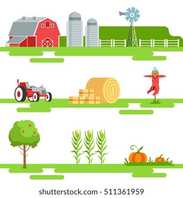 Farm Related Elements In Geometric Style Set Of Illustrations