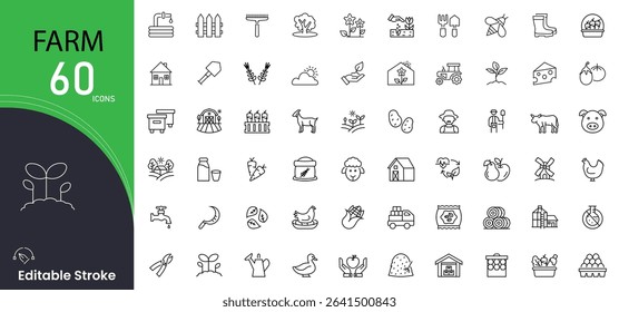 Farm related icon collections. Containing tractor, barn, crops, harvest, agriculture, livestock, farmer, field, planting, and farm tools icons. Editable Stroke. Outline icons.