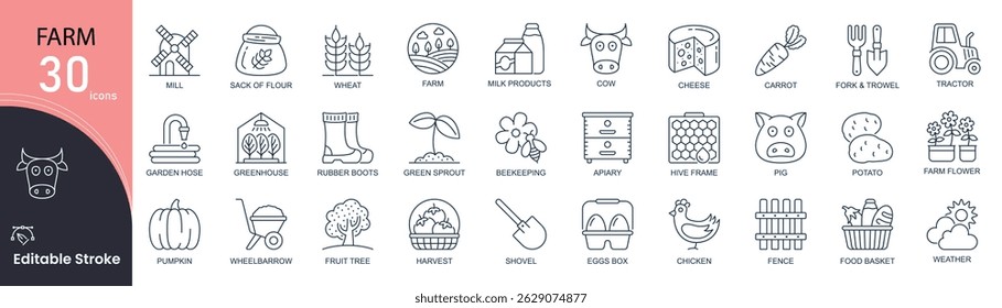 Farm related line icons set. Bundle of house, tractor, milk products, cow, cheese, carrot, garden, greenhouse, beekeeping and other . Editable stroke . Outline icons.