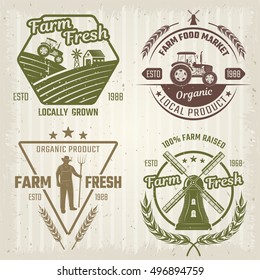 Farm retro style logos with fields windmill tractor wheat and stars on textured background isolated vector illustration