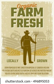 Farm retro style poster with silhouette of man with fork on rural landscape background vector illustration