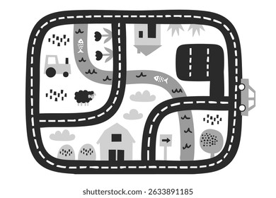 mapa de estrada de fazenda com celeiro, trator, ovelha negra, rios sinuosos, peixes, casa, árvore e campos de flores em estilo plano lúdico sobre fundo branco, conceito de vida rural, design de brinquedos, educação precoce