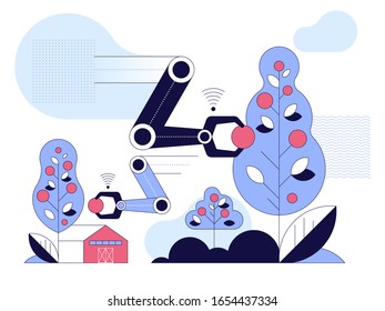 Farm robots using special programs for growing vegetables and harvesting with wireless control. Smart farming concept vector illustration on white background