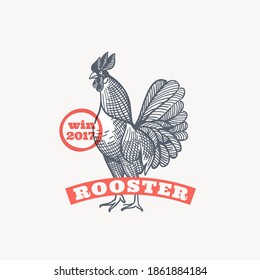 Farm rooster emblem in classic elegance engraving style. Vector drawing for food corporate identity, agriculture illustration, restaurant logo, and etc. 