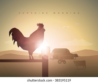 farm with rooster, sunset, sunrise, sunshine