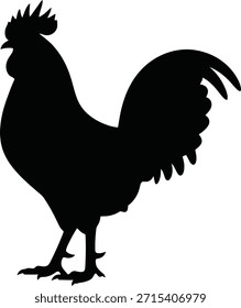 Ilustración vectorial de silueta de caminata de gallo de granja para empaques de carne de aves de corral y marca de desayuno matutino.
