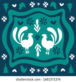 Farm roosters folk doodle art. Ethno style folklore cliparts. Holiday original flat square folk rustic tiles. Traditional shapes in blue and green colors. Folklore cliparts for notebook, tile, napkins