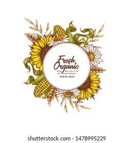 Farm round design template. Engraved style illustration. Oat, wheat, corn, sunflower, daisy. Vector illustration