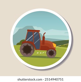 Farm round sticker. Red tractor at lawn. Farming and agriculture, rural scene. Transport in village. Template and layout. Flat vector illustration isolated on beige background
