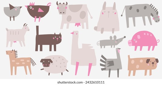 Farm, rural animals, pets set. Cute hand drawn doodle cat, goat, donkey, bunny, cow, chicken, dog, goose, turkey, pig, sheep, horse donkey goat mouse Items icons in children style for kids